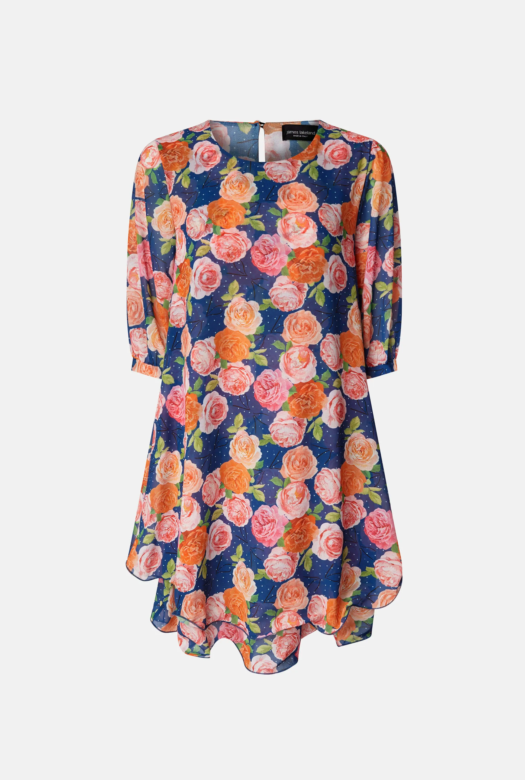 Rose Print Wave Hem Dress Navy