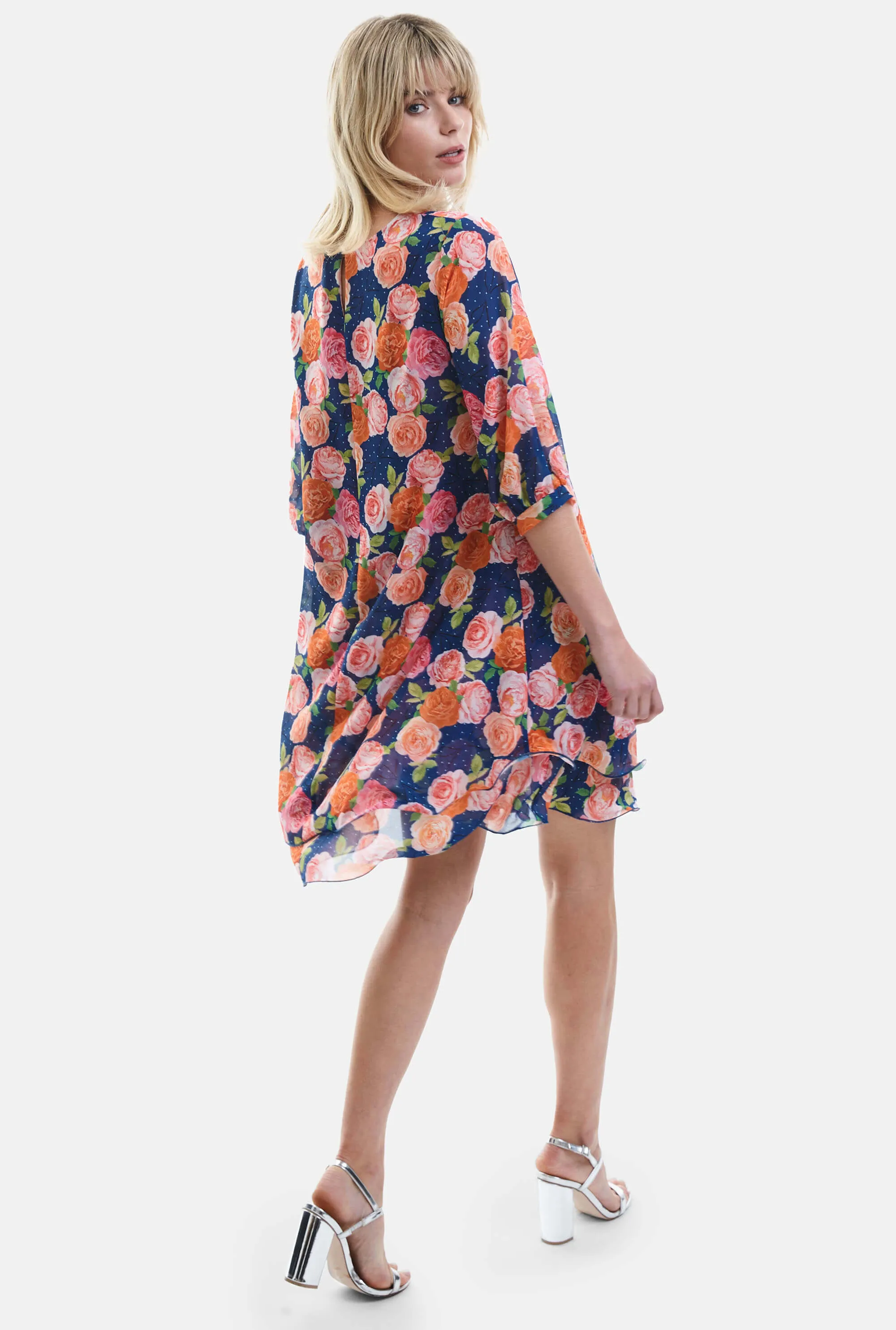 Rose Print Wave Hem Dress Navy