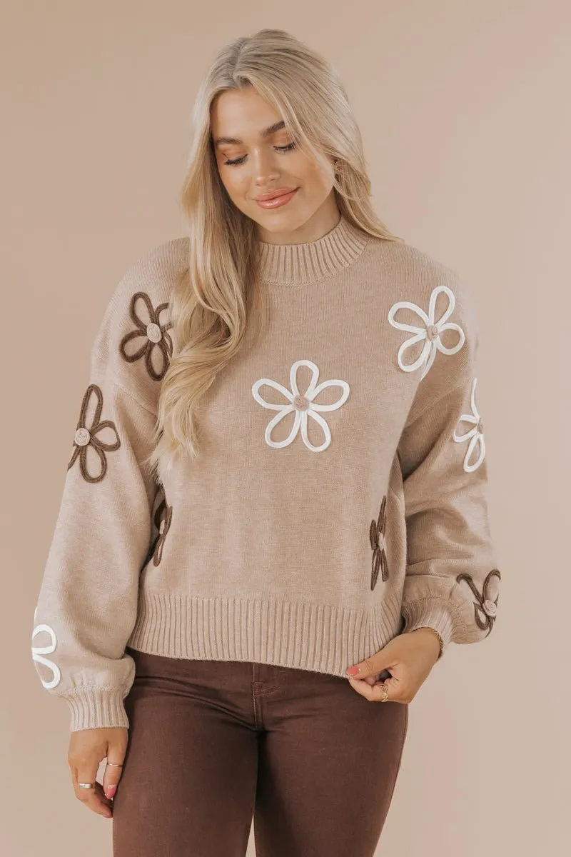 Sand Floral Detail Ribbed Sweater