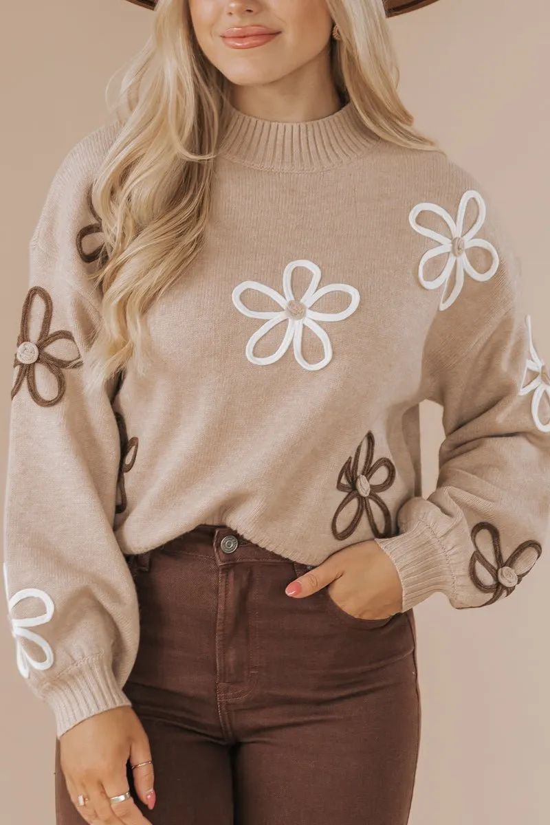 Sand Floral Detail Ribbed Sweater