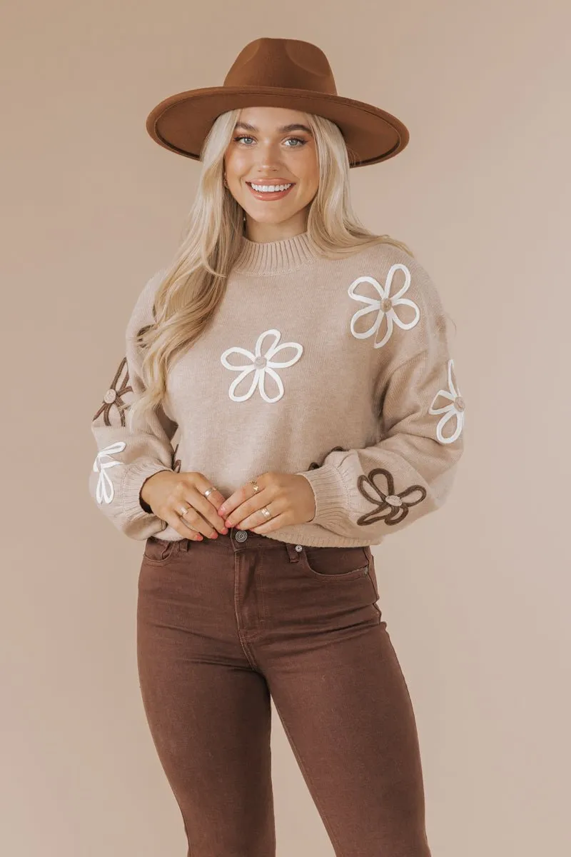 Sand Floral Detail Ribbed Sweater