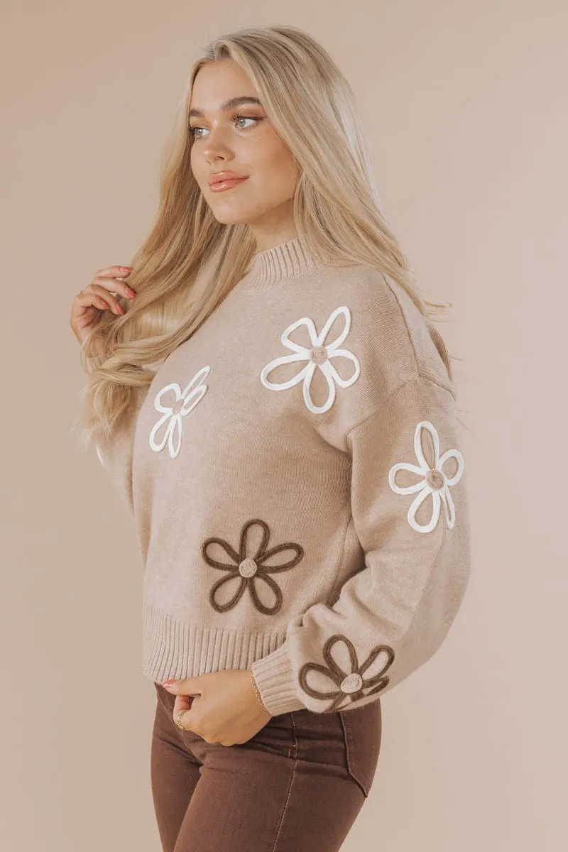 Sand Floral Detail Ribbed Sweater