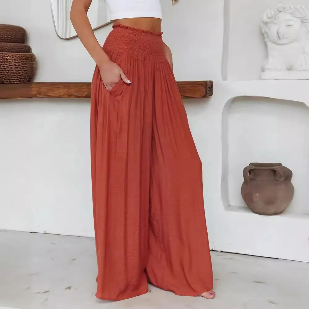 Solid Color Ruffled Wide-Leg Pants