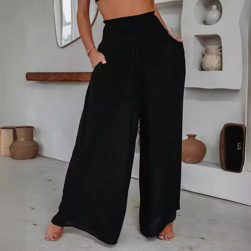 Solid Color Ruffled Wide-Leg Pants