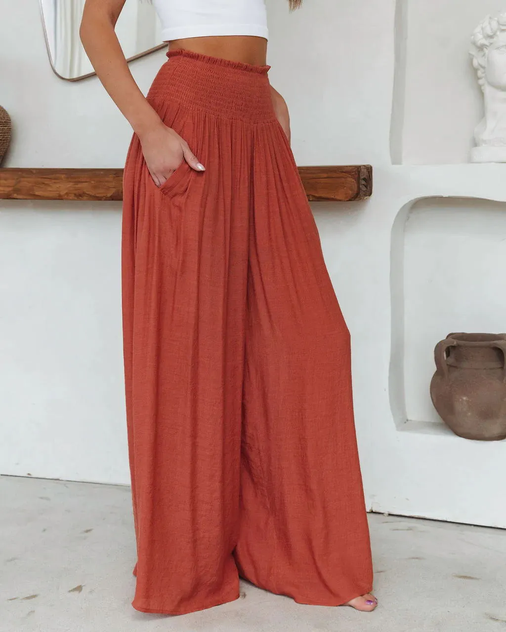 Solid Color Ruffled Wide-Leg Pants