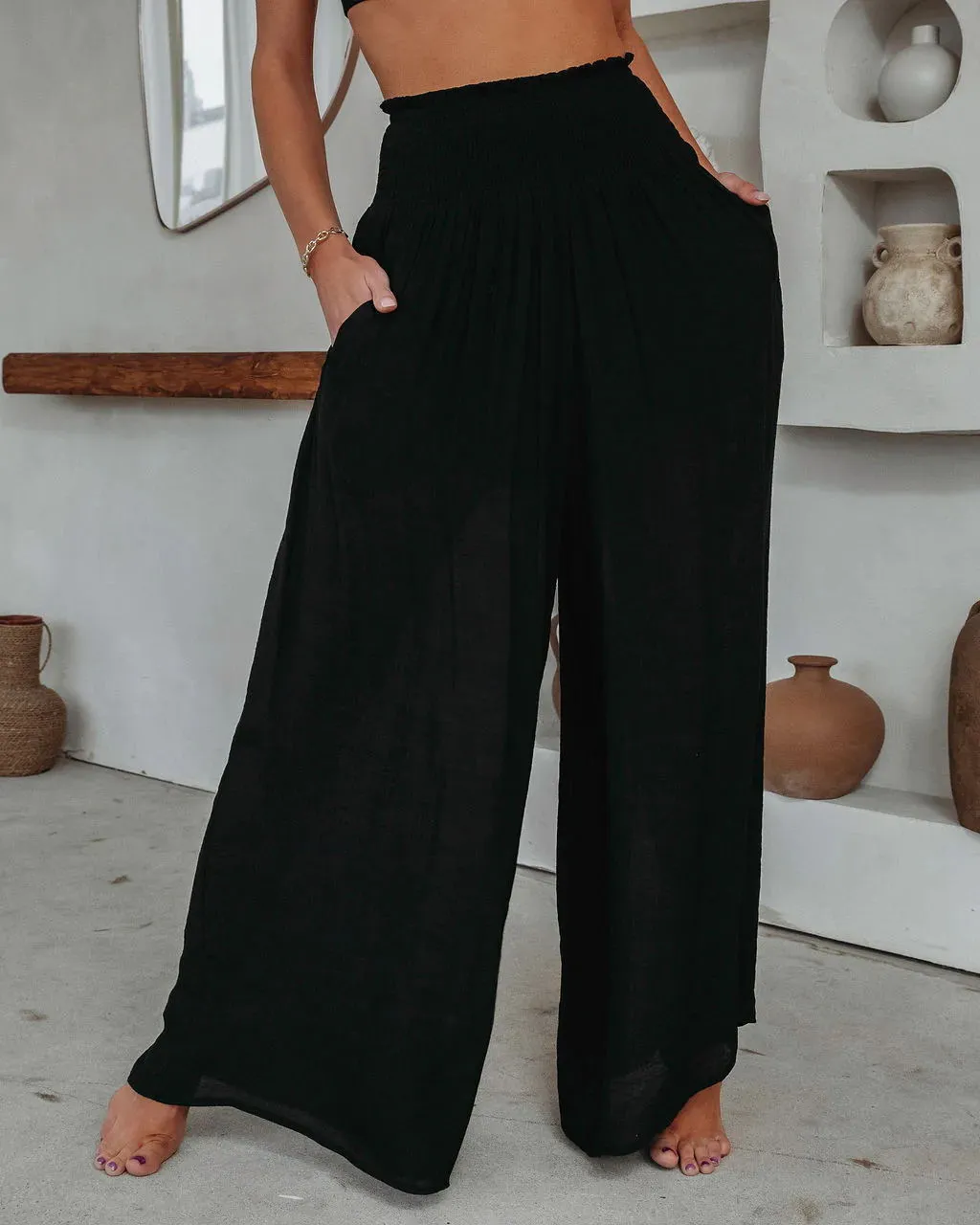 Solid Color Ruffled Wide-Leg Pants