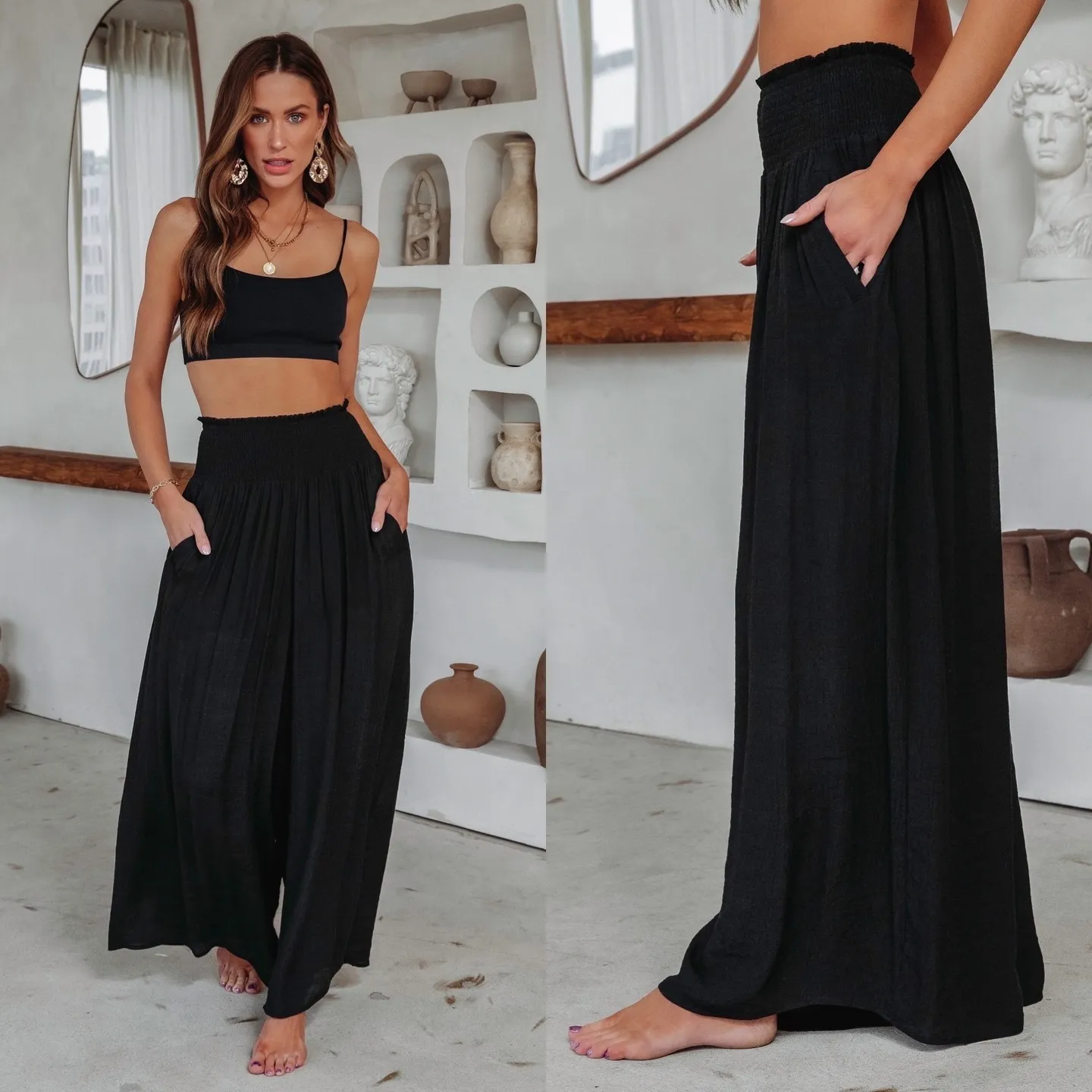 Solid Color Ruffled Wide-Leg Pants