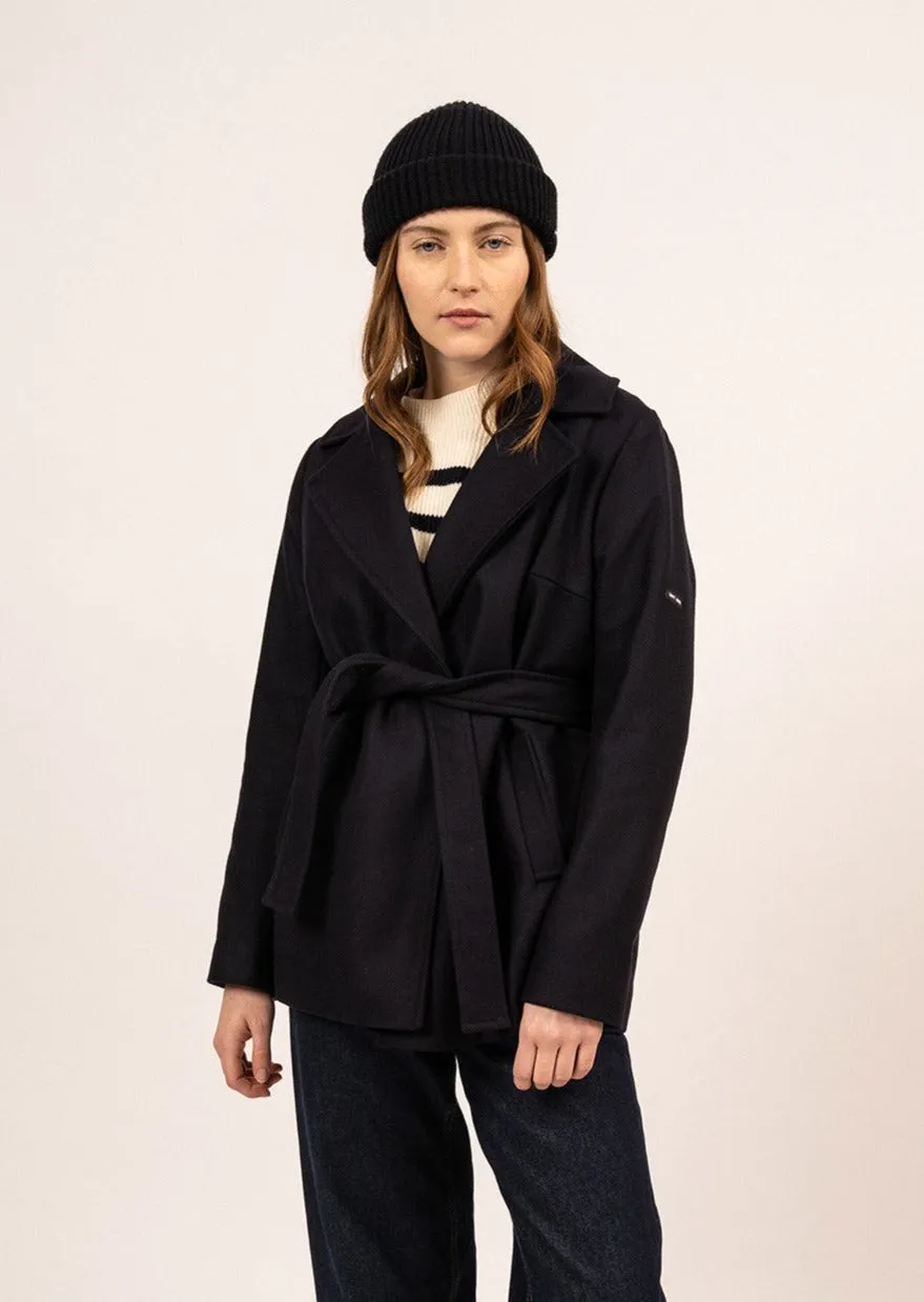 STE LAURY - Short Wool Belted Coat for Women (NAVY)