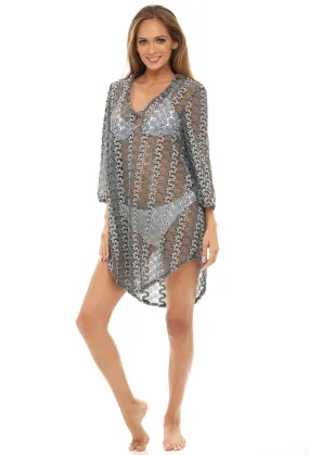 V-NECK BELL SLEEVE TUNIC - JACQUARD FLAME