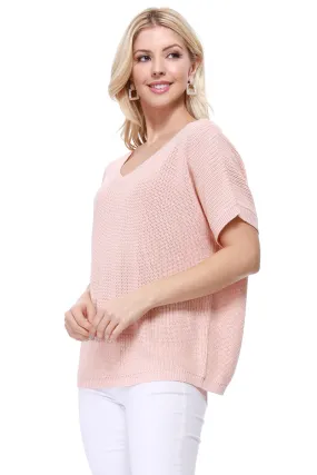 Yemak Women's Open Back with Lace Half Sleeve Loose Fit Knit Pullover MK3626